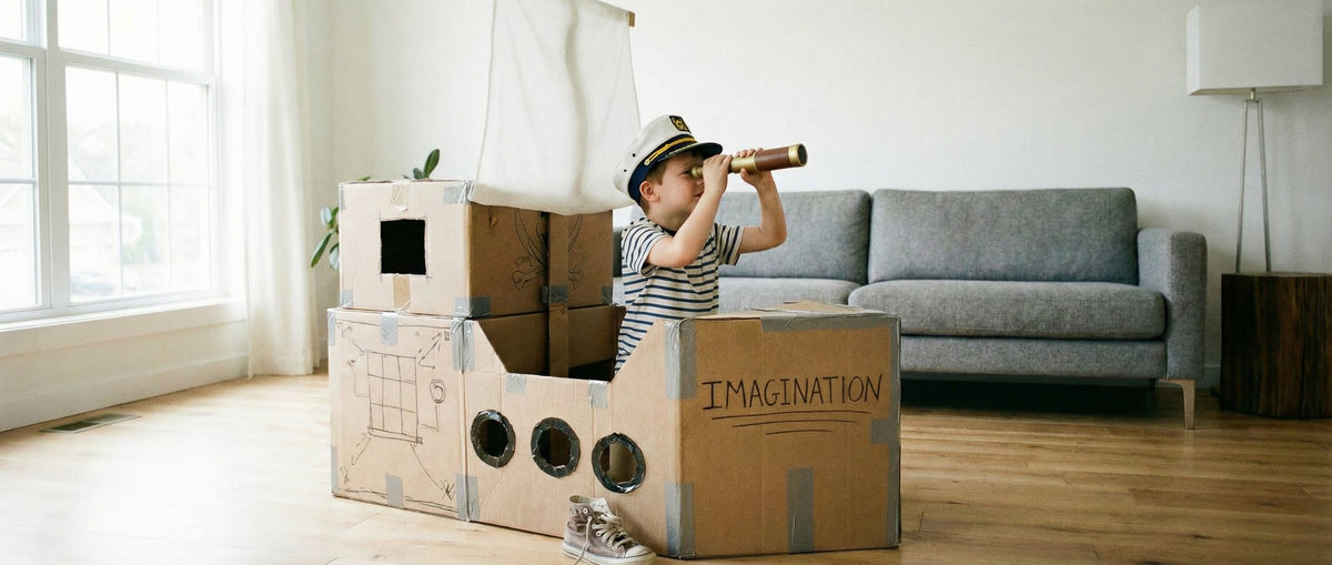 Un bambino gioca in casa con una costruzione di cartone