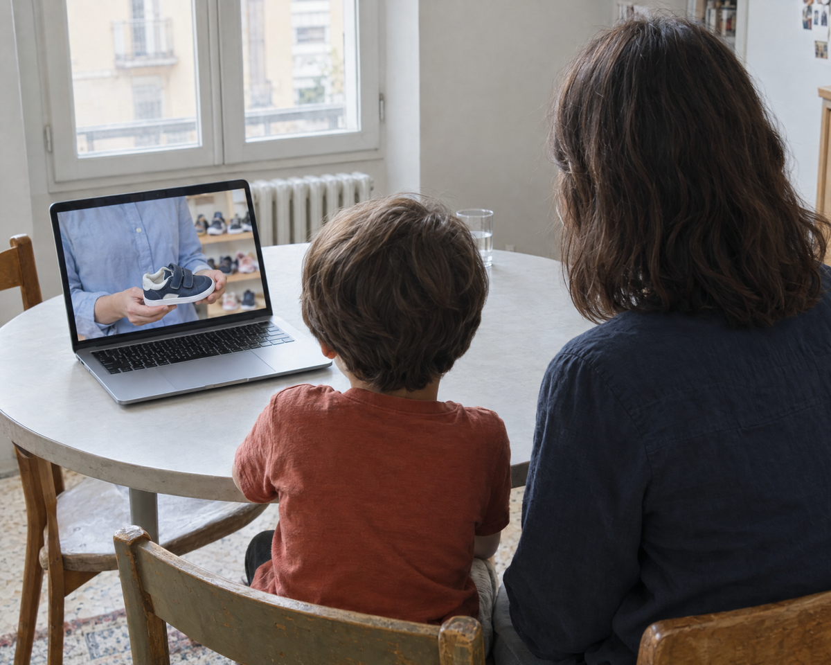 Immagine illustrativa di una mamma e un bambino in videochiamata da casa